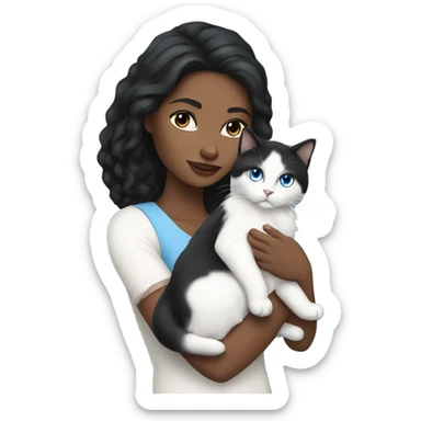 woman with black hair and holding a all white Siberian cat with blue eyes sticker