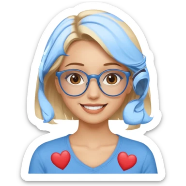 Asthectic pretty Blonde women brown eyes, blue glasses, waring a brown top smiling with hearts around her. sticker