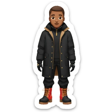 Handsome Black grown man with brown skin tone, wearing black joggers, a black weather coat, and buckwheat timberland boots, and black gloves sticker