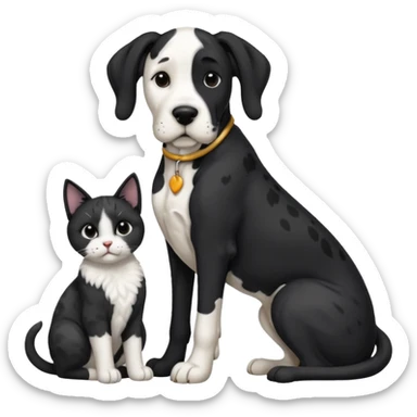 Large Black and white great dane dog sitting with a small black and white cat sticker