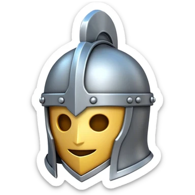 Clash of Clans aesthetic: Cinematic Playful 3D Isometric steel helm Emoji, rendered in a 3D vector-style similar to standard emojis with minimal shading and bold, simplified shapes. A compact, distinct form with signature details, softly glowing with a fantasy RPG magic charm. Simplified yet unmistakably iconic, highly detailed and consistent, glowing with a soft radiance and high shine. Stylized with a touch of heroic grandeur and a soft glowing outline, capturing the essence of a beloved gaming relic with a friendly, playful manner! sticker