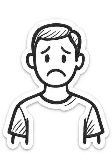 minimalistic black and white outline doodle of a man in a t-shirt with a sad face, no background sticker