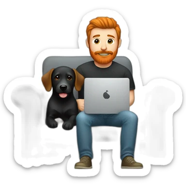 a man with a red beard sits working on a computer on the sofa with a black Labrador sticker