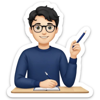 Young caucasian man with black wavy hair, round glasses, navy blue sweater, confident trustworthy smile, professional designer with pen sticker
