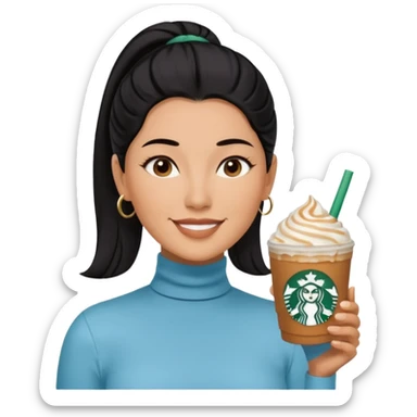  tan skin woman with long face, and very short black hair slicked back ponytail with forehead showing, wearing solid light blue turtleneck shirt, drinking starbucks caramel frappuccino, smiling with middle parted hair sticker