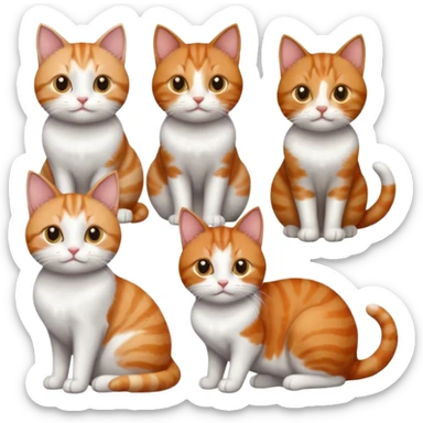 six cats of different colours: 1 small ginger and white, 1 small brown tabby and white, 1 small grey and white, 1 big grey and white, 1 mostly grey with white paws and small white patch on chest and 1 calico sticker