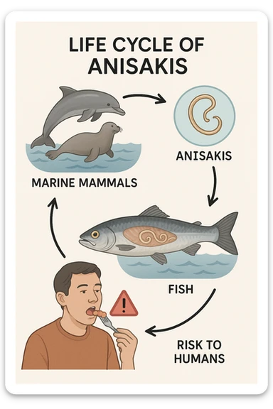 a diagram showing the life cycle of Anisakis, with arrows connecting stages from marine mammals to fish and then to humans. Each stage is illustrated with realistic images: the parasite in the ocean, inside a fish, and the risk to humans who eat contaminated seafood. The style is clear and informative, with labels and icons. sticker