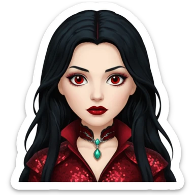 Anna Valerious from Van Helsing with long black hair, dark red sequin outfit sticker