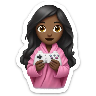 White girl with dark hair wrapped up in a blanket with a pink gaming controller in her hands sticker