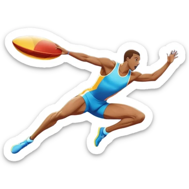 An icon showcasing  a sprinter in full speed, a high jumper soaring over the bar, a long jumper taking off, and a discus thrower in motion. The background features a vibrant stadium with cheering crowds, bright lights, and a clear sky.  sticker