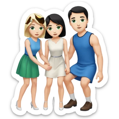 prince, black hair, blue eyes, garment,  woman, blonde Hair, green eyes, bending knee, sleveless white dress, sticker