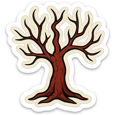 spooky tree with thin curved branches, brown-red cracked bark, sharp black outlines, clear shadows and highlights, retro stickers style, no gradients sticker