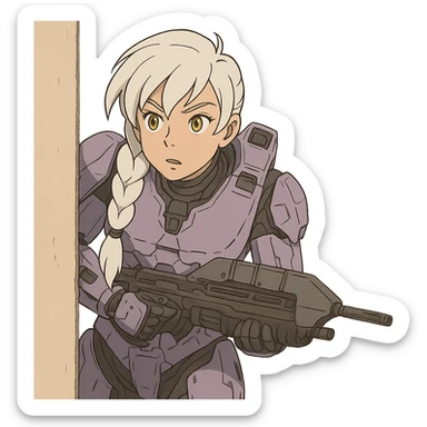 female, wearing reach spartan armor default, long white braid hair with massive messy front side single bangs, gold yellow eyes, attention pose, HALO:series, no helmet, the armor is lavender color scheme, shoulder pad off. DDD bust size fitting. Punk gothic cyberpunk, peeking around a corner wall brandishing a classic halo1 AR sticker