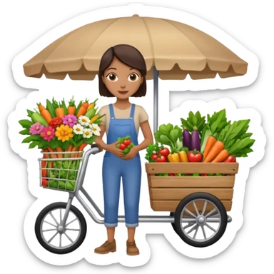 Shopper with flower bouquet,Farmers’ Market, background veggies cart. sticker