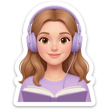 emoji a woman with long light brown wavy hair and light brown eyes reading a book, wearing pastel purple headphones sticker
