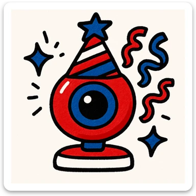Recolor the webcam and festive elements using only the colors of the American flag: red, white, and blue, while maintaining a cheerful and festive style. sticker