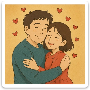 Transform this man and woman into a loving couple in Ghibli style, hugging with hearts around them sticker