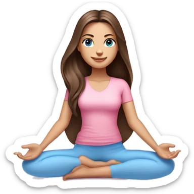 Brunette long hair and blue blue eyes yoga beautiful girl in light pink pink pink clothes sitting on a yoga mat sticker