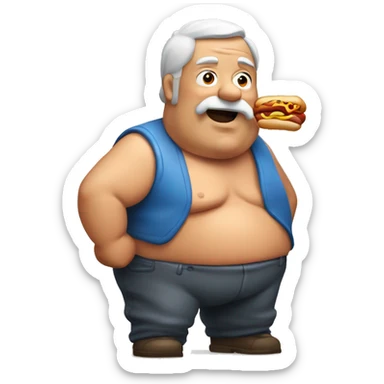 Shirtless Fat old man holding a hotdog with relish sticker