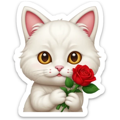 Cute emoji-style white cat holding a red rose in its mouth, big round eyes, fluffy fur, clean mascot style, centered, transparent background, 1:1 ratio. sticker
