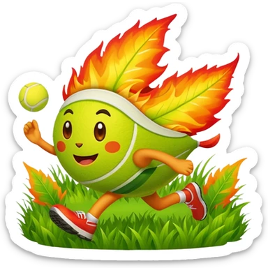 cartoon characters from bfdi, including a leaf, fire, and tennis ball, happily running in a grassy field sticker