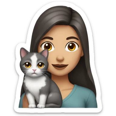 Woman with dark brown hair and brown eyes holding a gray fluffy cat sticker