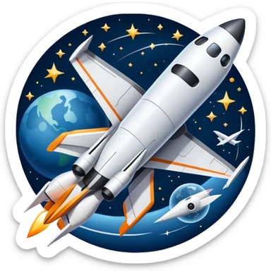 An icon featuring a space shuttle, a drone, and an airplane against a starry sky, symbolizing aerospace technology. The design includes rocket boosters and satellite orbits, representing the exploration of space and advanced aviation. Transparent background sticker