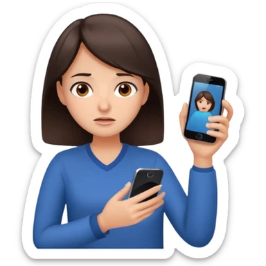 Social media manager. She has dark brown hair, brown eyes, overwhelmed expression, tired eyes, slightly stressed face,a holding a smartphone with notifications piling up sticker