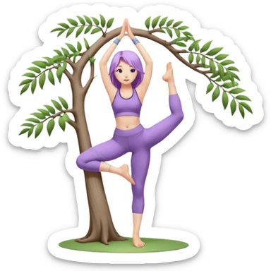 Девушка белокожая, с длинными светло-фиолетовыми волосами, в одежде для йоги, стоит в позе дерева на одной ноге, вторая нога согнута, руки вверху ладонь к ладони, в стиле бимбо пилатес, без лишних конечностей, без деревьев на фоне sticker