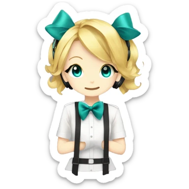 Kagamine rin, she has a bow a sigh headphones+mic and bowtie with Teal eyes sticker
