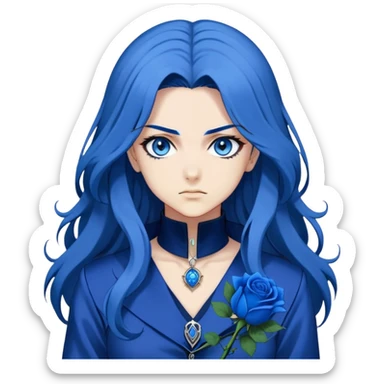 head portrait of anime girl with long dark blue hair, blue rose in hair, bright blue eyes, dramatic JoJo's Bizarre Adventure style, bold outlines, intense expression sticker