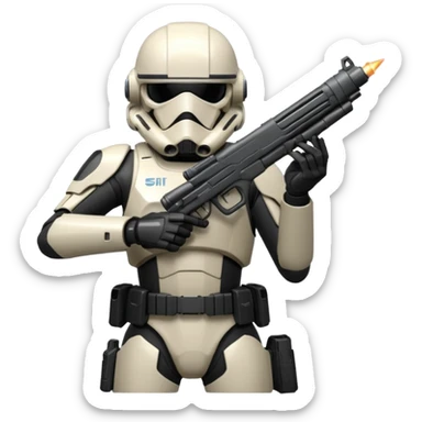 A joking DARK Trooper from Star Citizen, a skifi space Game. With a futuristic gun sticking to His back sticker