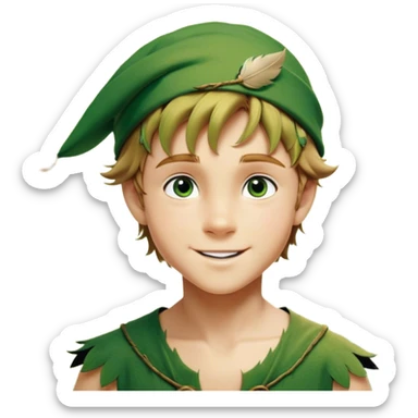 Cinematic Realistic Peter Pan Portrait, depicted with lifelike, youthful skin touched by a gentle sun-kissed glow. His bright, expressive eyes and confident smile evoke a timeless sense of wonder. Dressed in his iconic green tunic and feathered cap, every detail is rendered with soft, natural lighting that highlights his blend of innocence and courageous spirit. sticker