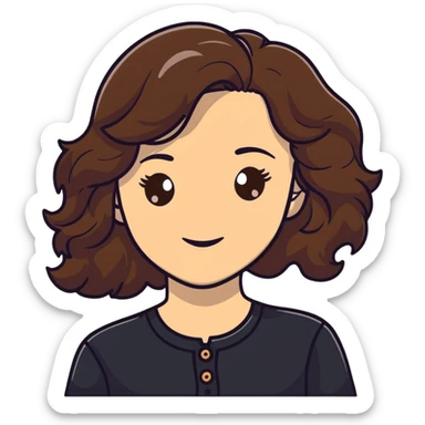 27 year old Caucasian woman with fair skin, brown eyes, long wavy dark brown hair, wearing a black top with a button sticker