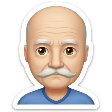 61 years old. Bald with dark hair on the sides. black thick moustache. White beard. saying sorry sticker