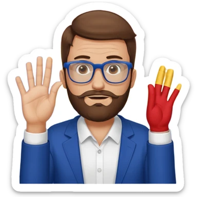 A brown-haired man with a designer stubble beard and rectangle glasses. He pose to show him shrugging - raise both shoulders up in a "I don't know" gesture, In the background the Romania flag. sticker