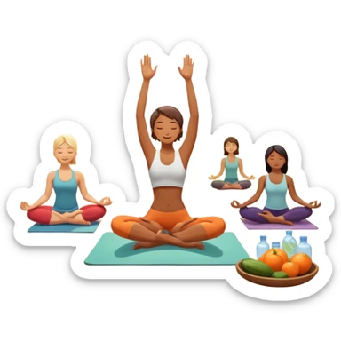 A person moves through a gentle yoga pose in the morning sun, one hand reaching up, the other near a plate of vibrant whole foods and a bottle of water. A cozy bed sits behind them, glowing softly. Nearby, a small group of friends laughs together under a tree—health, movement, nourishment, rest,  sticker