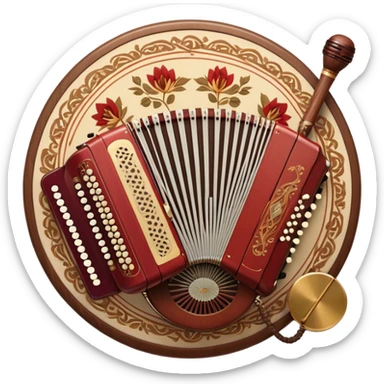 Create a warm and authentic humanless emoji representing folk singing. The design should feature a traditional folk microphone at the center, surrounded by classic instruments such as a bayan (button accordion), gusli (a traditional Russian zither), and a tambourine. Arrange these instruments in a harmonious, circular pattern to evoke a sense of folk music and community performance. Use natural, earthy colors like wood brown, deep red, and golden accents to reflect the rustic and heartfelt spirit of folk music. Add subtle musical notes to the background to convey the rhythm and harmony of the performance. The background should be transparent. sticker
