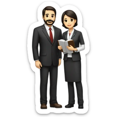 husband american age 55 dark brown hair trimmed beard wearing business suit holding bible together, wife asian age 55 black shoulder length hair wearing nurse uniform, no children sticker