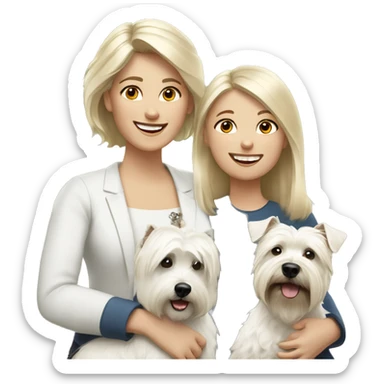 Family picture woman with blonde hair and daughter with dark brown hair and happy West Highland White Terrier sticker