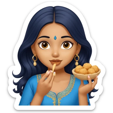 a pretty tan indian bratz girl. eyeliner on, wearing a blue kurti, eating golgappa. NO SPOON. wavy long BLACK coloured hair sticker