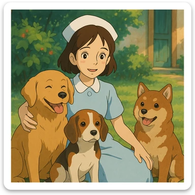 brunette nurse with dogs, ghibli style sticker