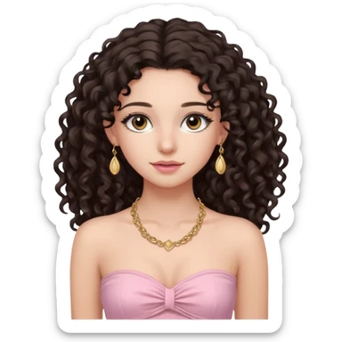 crée moi une jeune fille très belle avec les cheveux bouclés long et brune avec un top  sans manche ni brettelles juste un 'bandeau' de couleur rose clair avec un peu de maquillage et des beaux et long  cils avec un collier en or sticker