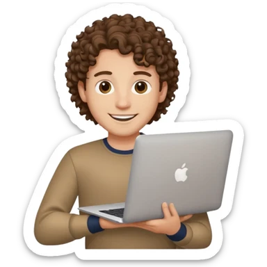 guy with curly hair and skin tone a little bit white, with a macbook sticker