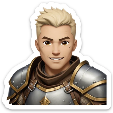 Cinematic Realistic WoW Human Warrior Portrait, head tilted dramatically with an exaggeratedly amused expression, blending rugged heroism with a hint of lighthearted charm. His chiseled face, framed by meticulously rendered steel armor and leather accents in consistent greys and bronzes, is brought to life with dynamic lighting and high shine, dramatic yet whimsical, capturing the essence of a warrior whose epic might is coupled with an approachable, playful demeanor. sticker