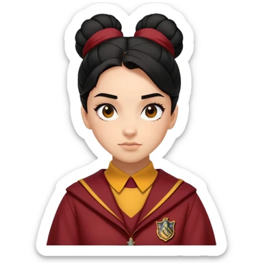 alicia spinnet in harry potter, wear hogwarts gryfindor uniform,  thick, black bun hair , reflecting her bold, stylish, and strong personality sticker