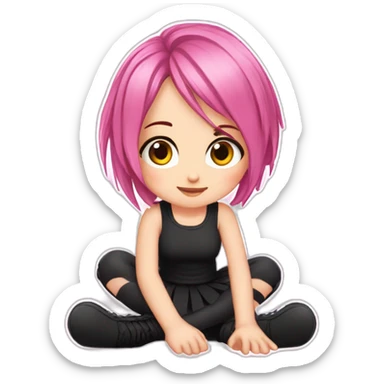 Full body Front view curvy emo girl pink hair sits on the floor straight view hands up black skirt полосатые рваные чулки sticker