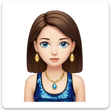 A woman with smooth brown hair with white skin and blue eyes, she has a black sequined tank top and golden jewelry sticker