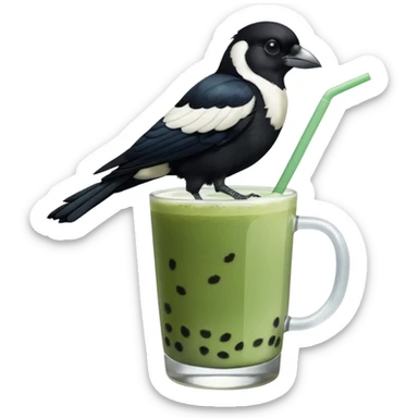  ONE Australien Magpie (just black and white feathers) sitting on an iced matcha latte on the edge of the glass. magpie has green matcha on its beak. matxha latte is in a see through glass and white from thr milk on the bottom and green without seeds on top… one straw & ice cubes sticker