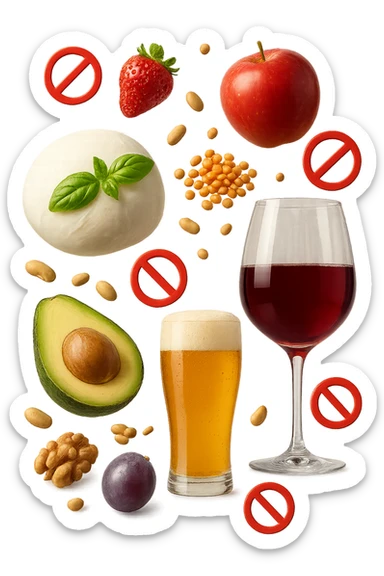 mozzarella, frutta legumi, frutta secca, birra e vino realistici fluttuano in aria con piccoli divieti 3d, IPERREALISTICO 4K sticker